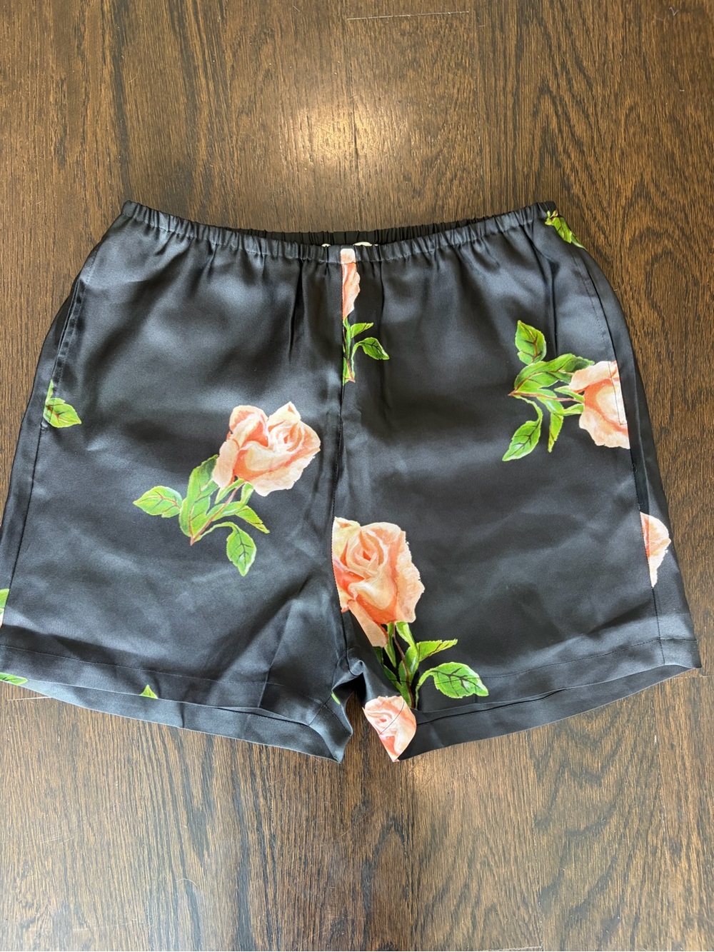 Nanushka Black Floral Silk Women’s Shorts with Pink Rose Print